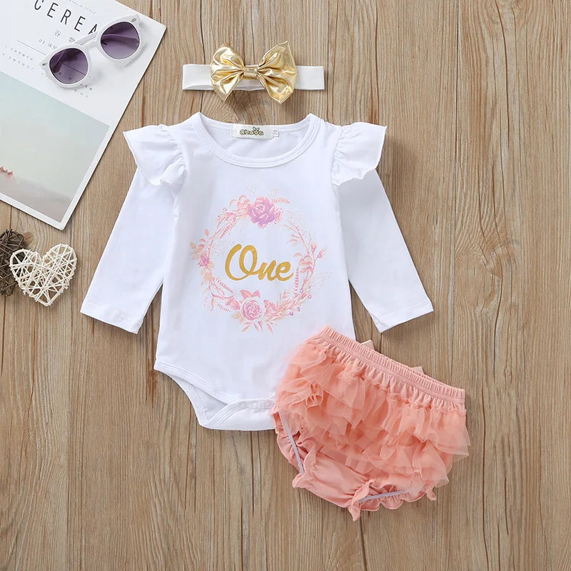 "One" Print Baby Girl 1st Birthday Outfit for Spring and Autumn