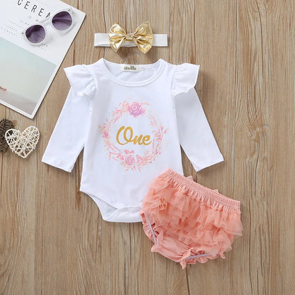 "One" Print Baby Girl 1st Birthday Outfit for Spring and Autumn