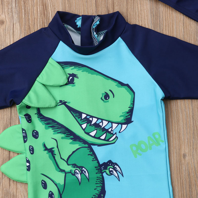 Cartoon Print Kid Boy Rash Guard Swim Suit with Hat childrensterritory