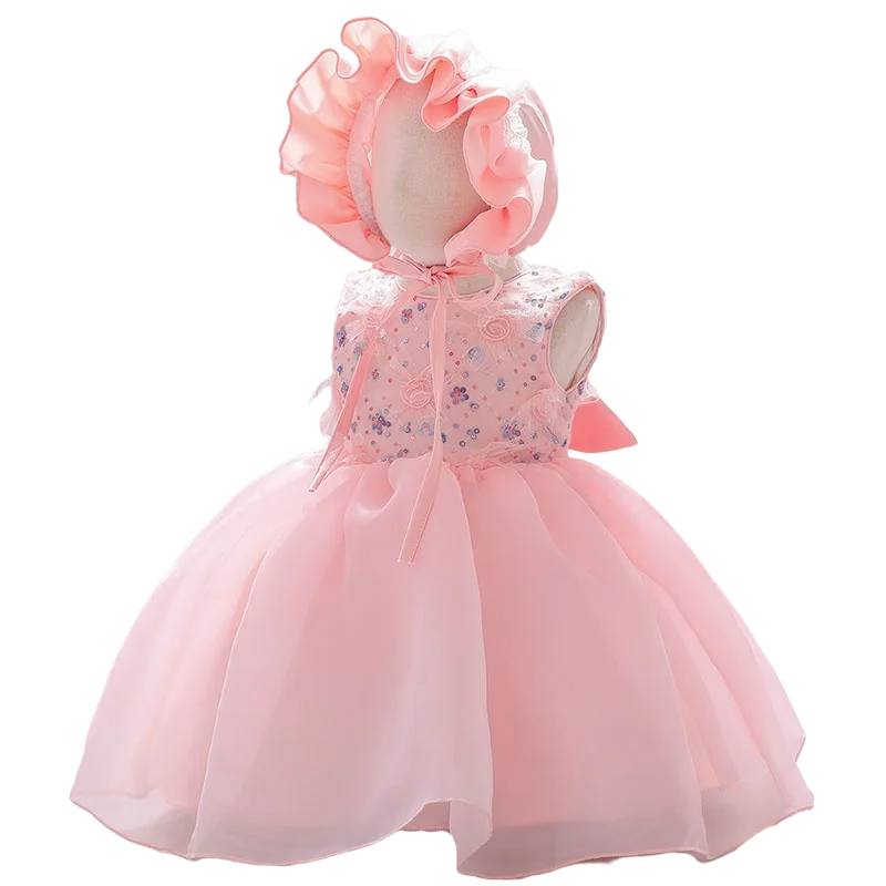 Baby Girls Sequined Top Flower Dress and Hat For Wedding or Baptism