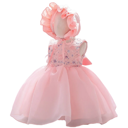 Baby Girls Sequined Top Flower Dress and Hat For Wedding or Baptism