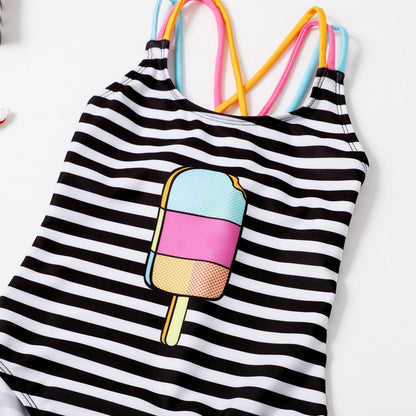 Ice Cream Printed Kids Girls Striped Beachwear Bodysuit childrensterritory