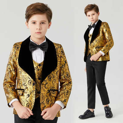 Kids Boy 3PCS Floral Design Blue Gold Communion Suit childrensterritory