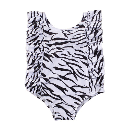 Kids Girl Solid and Printed Ruffle Sleeveless Swimwear childrensterritory