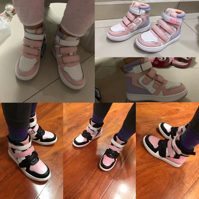 Kids' Non-Slip Leather Sneakers with High Back and Ankle Support