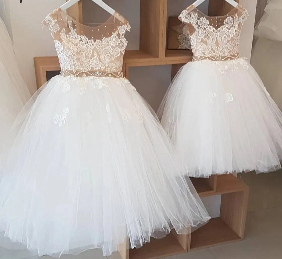 Kids Girls Nude Crystal Pearls Belt First Communion Dresses childrensterritory