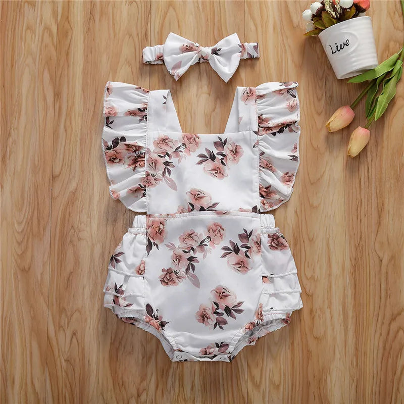 Little Girl Round Neck Printed Ruffle Swimsuit and Headband
