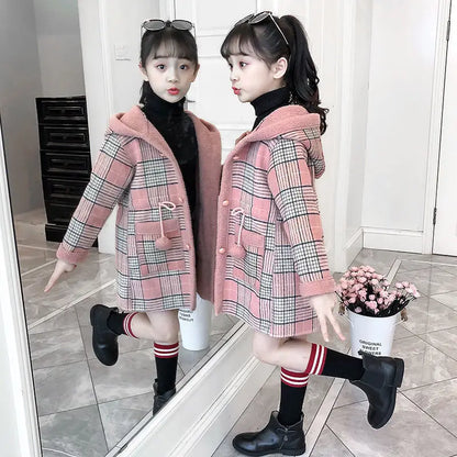 Girls Parka Hairy Woolen Warm Long Coat With Grid Pattern childrensterritory