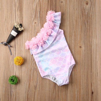 One Shoulder Ruffles Kids Girls Bikini Swimwear childrensterritory