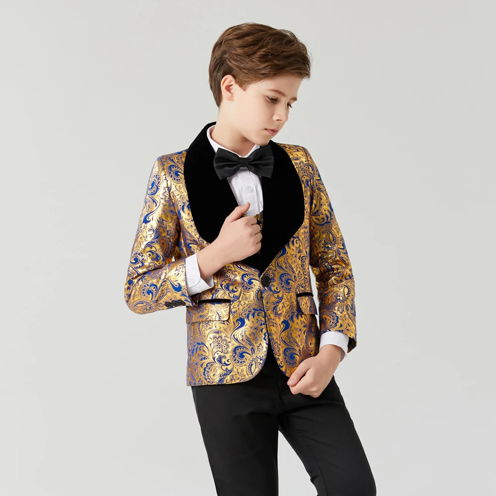 Kids Boy 3PCS Floral Design Blue Gold Communion Suit childrensterritory