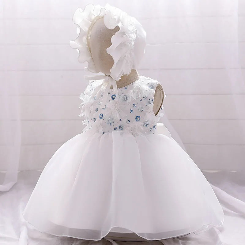 Baby Girls Sequined Top Flower Dress and Hat For Wedding or Baptism