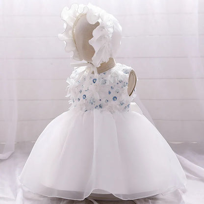 Baby Girls Sequined Top Flower Dress and Hat For Wedding or Baptism