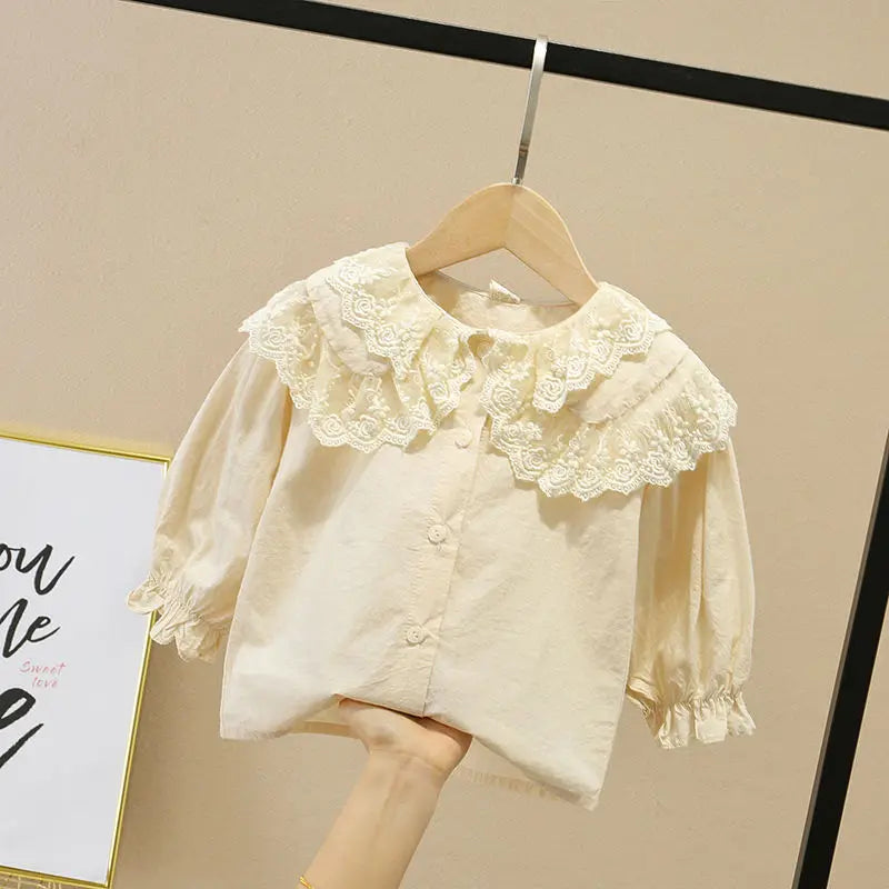Toddler Girls Lace Design Turn Down Collar Shirts childrensterritory