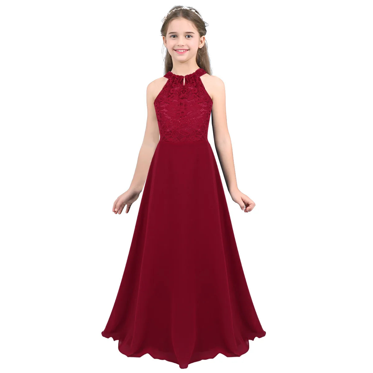 Kids Girls Halter Lace Design Chiffon Long Prom Ball Gowns