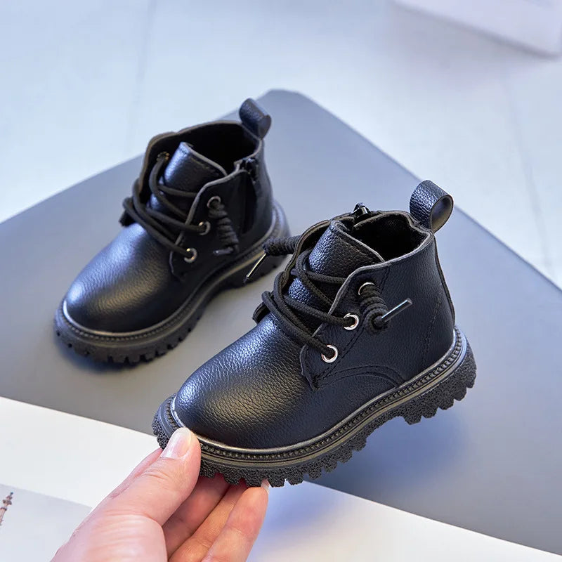 Kids Solid British Style Warm Short Leather Boots childrensterritory