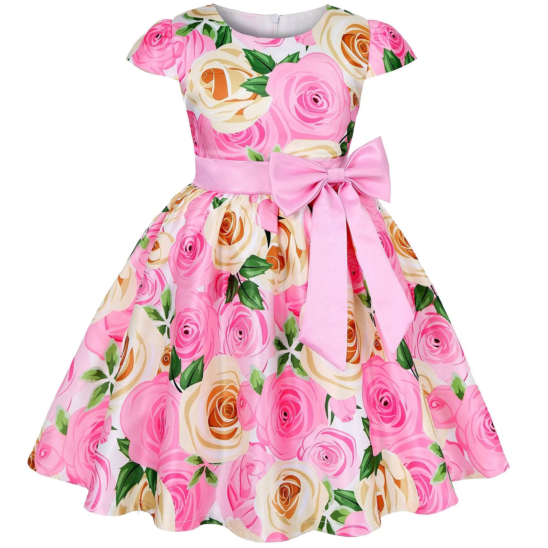 Flower Print Kids Girls Elegant Birthday Party Dresses childrensterritory