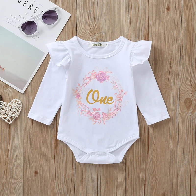"One" Print Baby Girl 1st Birthday Outfit for Spring and Autumn