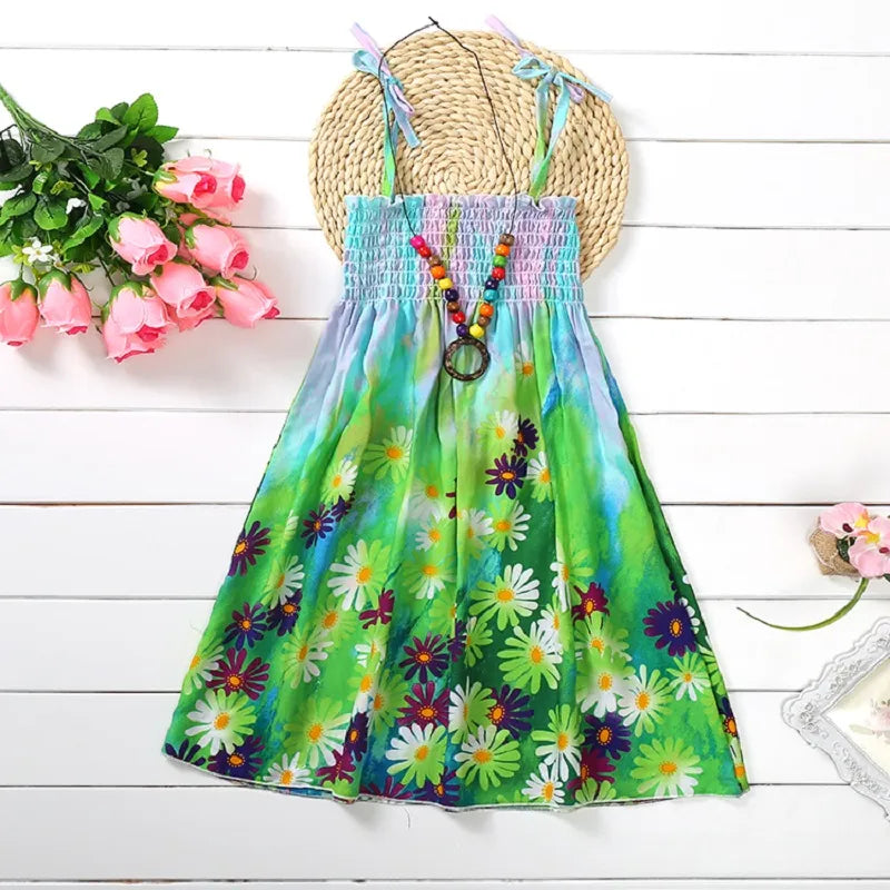 Bohemian Style Kids Girls Floral Sling Ruffles Beach Dresses childrensterritory