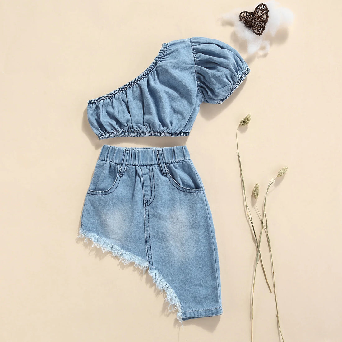 Kids Girls One Shoulder Denim Tops and Irregular Hem Skirt Set childrensterritory