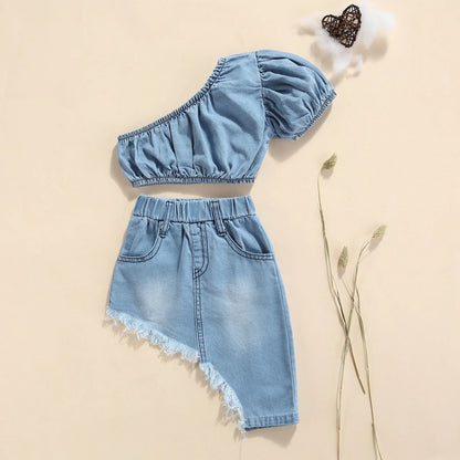 Kids Girls One Shoulder Denim Tops and Irregular Hem Skirt Set childrensterritory