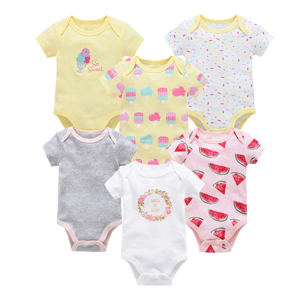 6 pcs/lot Baby Girls Cartoon Print Bodysuits for Summer childrensterritory
