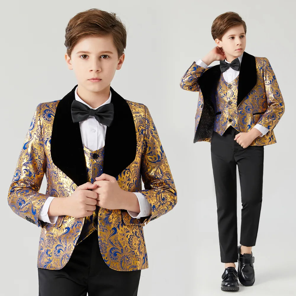 Kids Boy 3PCS Floral Design Blue Gold Communion Suit childrensterritory