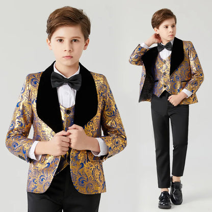 Kids Boy 3PCS Floral Design Blue Gold Communion Suit childrensterritory