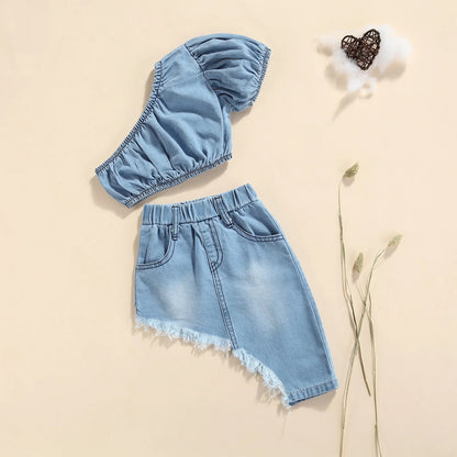 Kids Girls One Shoulder Denim Tops and Irregular Hem Skirt Set childrensterritory