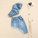 Kids Girls One Shoulder Denim Tops and Irregular Hem Skirt Set childrensterritory