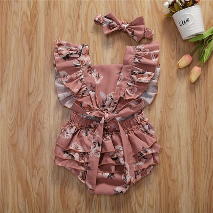 Little Girl Round Neck Printed Ruffle Swimsuit and Headband