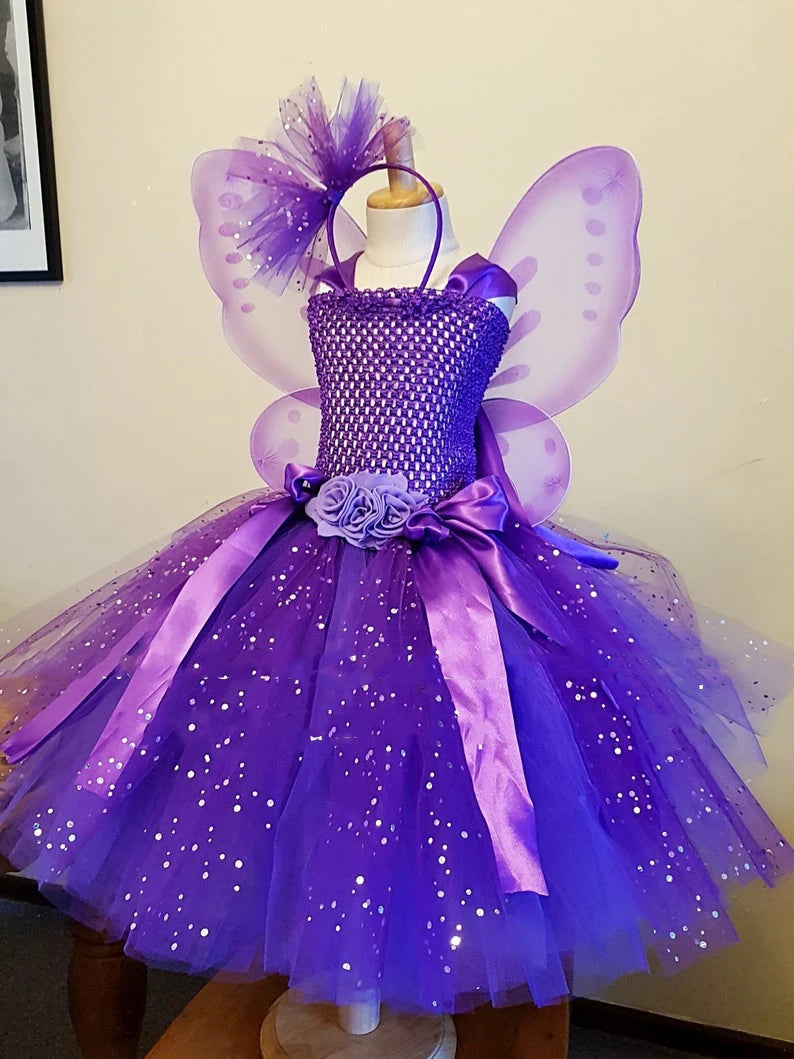 Kids Girls Glitter Tulle Birthday Party Costume Dress with Wings childrensterritory
