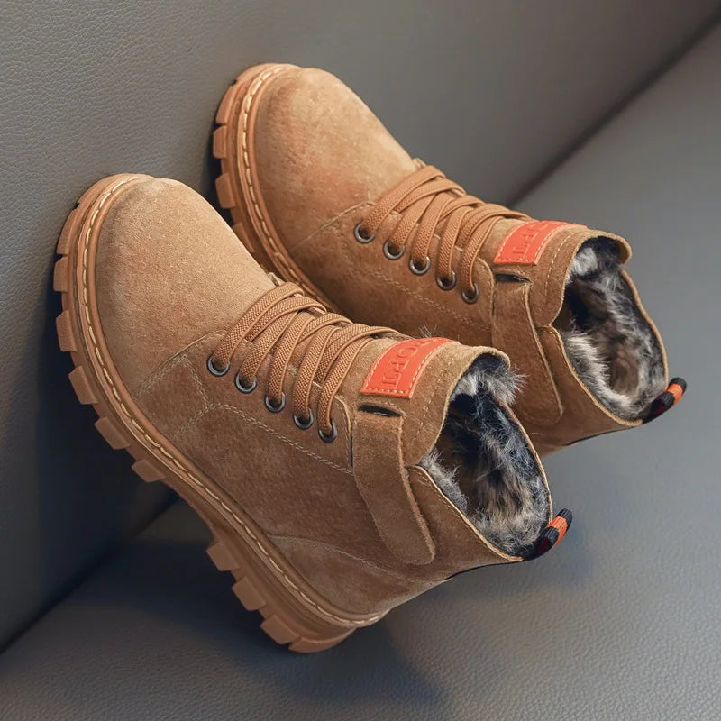 Kids Unisex High Top Fur And Laces Design Leather Shoes childrensterritory