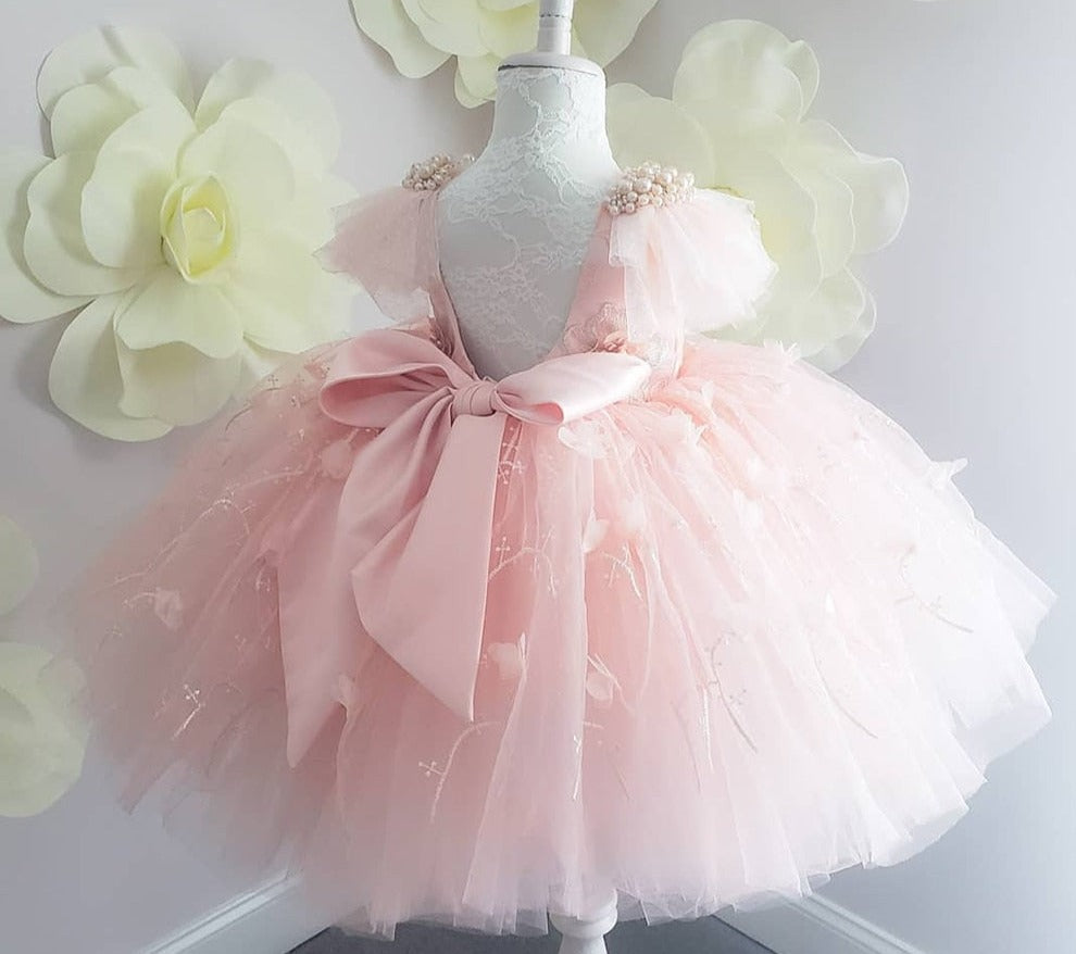 Satin Bow &amp; Pearls Beading Puffy Pageant Dresses for Kids Girls childrensterritory
