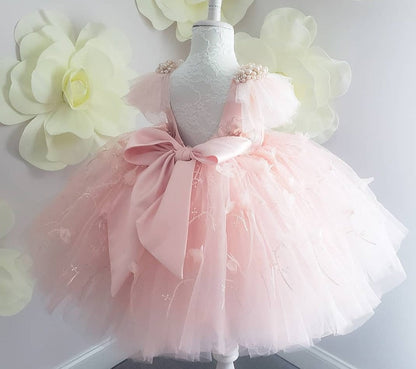Satin Bow &amp; Pearls Beading Puffy Pageant Dresses for Kids Girls childrensterritory