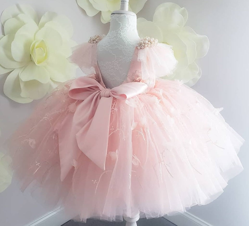 Satin Bow &amp; Pearls Beading Puffy Pageant Dresses for Kids Girls childrensterritory
