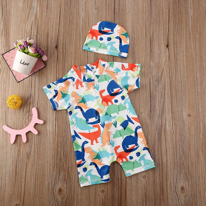 High Neck Animal Printed Kid Boy Swimwear with Hat childrensterritory