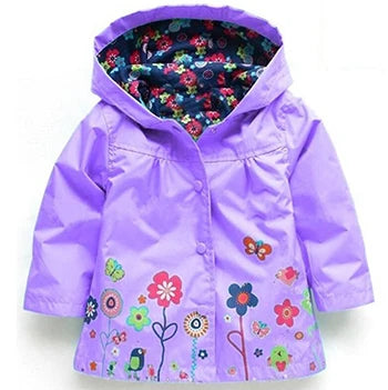 Long Sleeve Flower Print Waterproof Kids Hoodie Windcoat