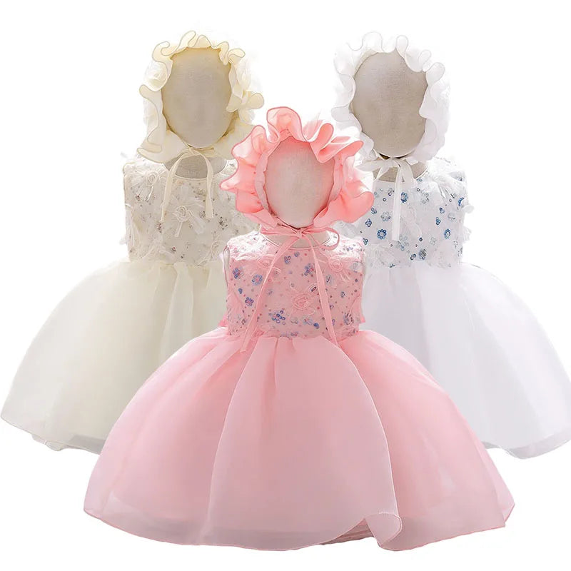 Baby Girls Sequined Top Flower Dress and Hat For Wedding or Baptism