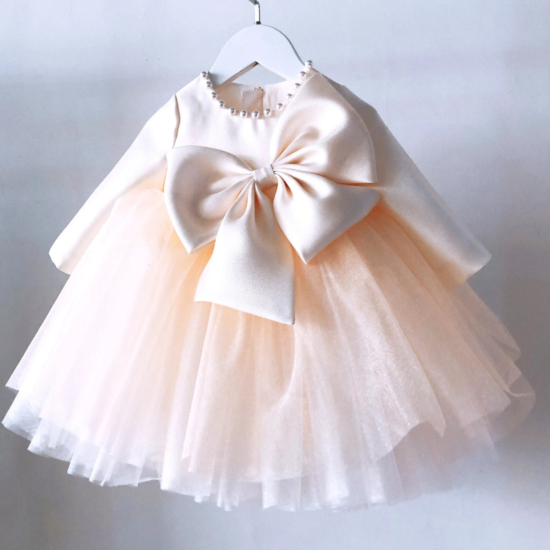 Elegant Beaded Bow Design Little Girls Pageant Baptism Dress