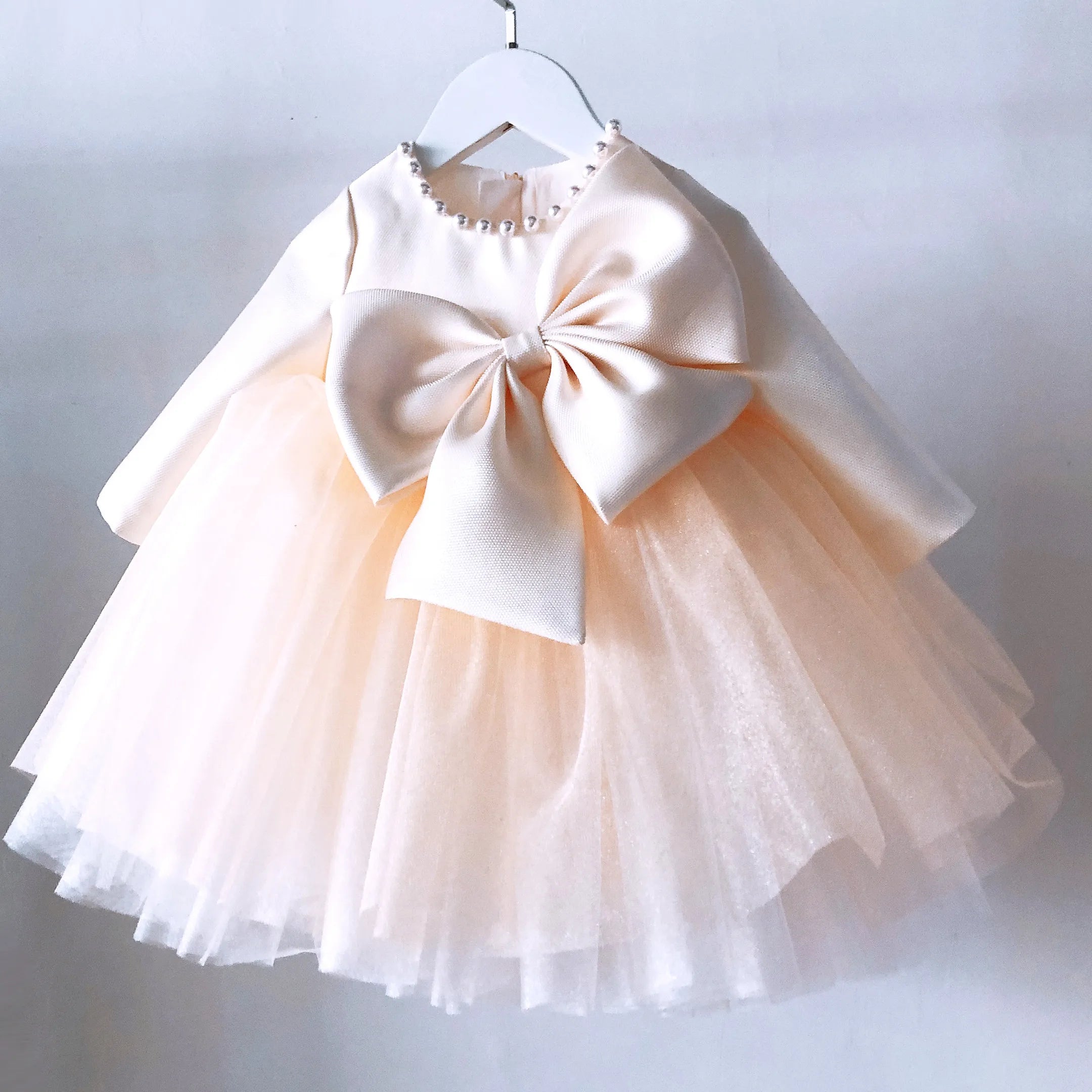 Elegant Beaded Bow Design Little Girls Pageant Baptism Dress