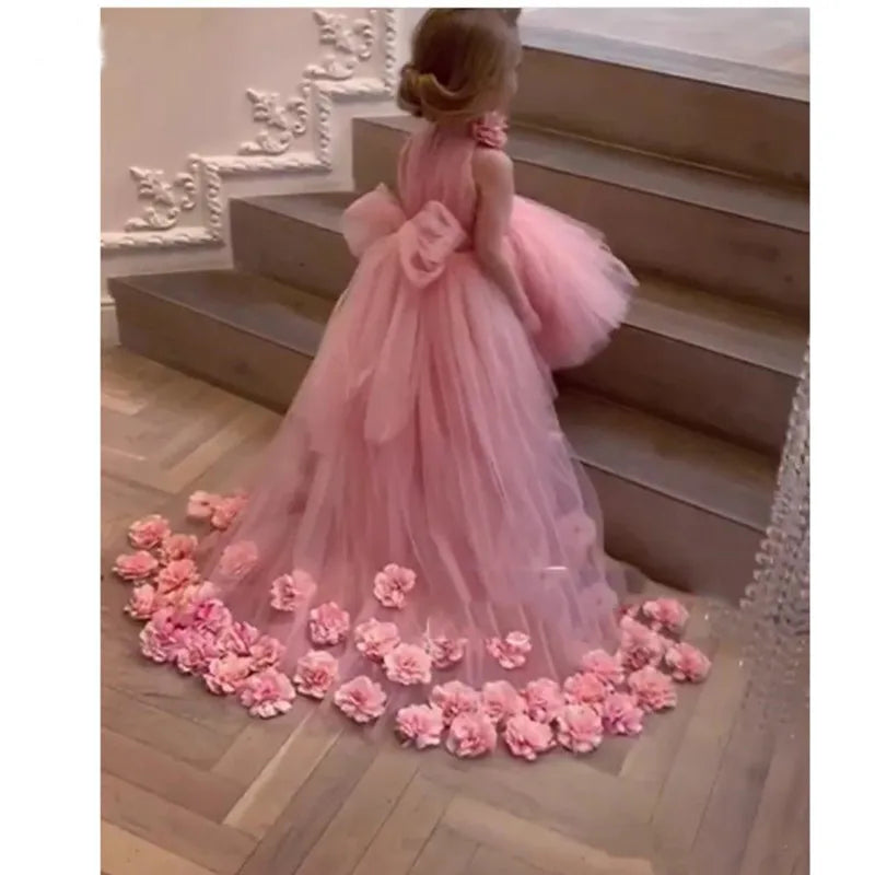 Puffy High Neck Kids Girls Party Dresses with Long Train childrensterritory