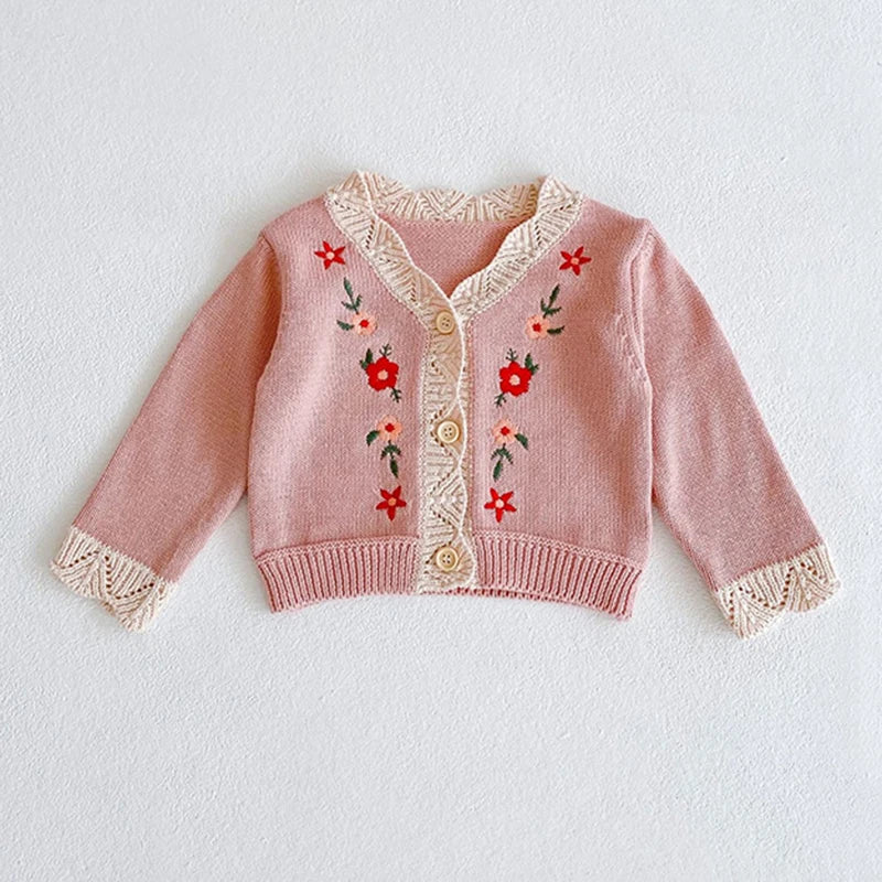 Baby Girls Long Sleeves Floral Embroidery Knitted Cardigans childrensterritory