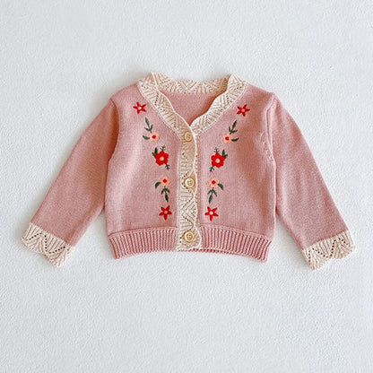 Baby Girls Long Sleeves Floral Embroidery Knitted Cardigans childrensterritory