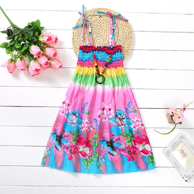 Bohemian Style Kids Girls Floral Sling Ruffles Beach Dresses childrensterritory