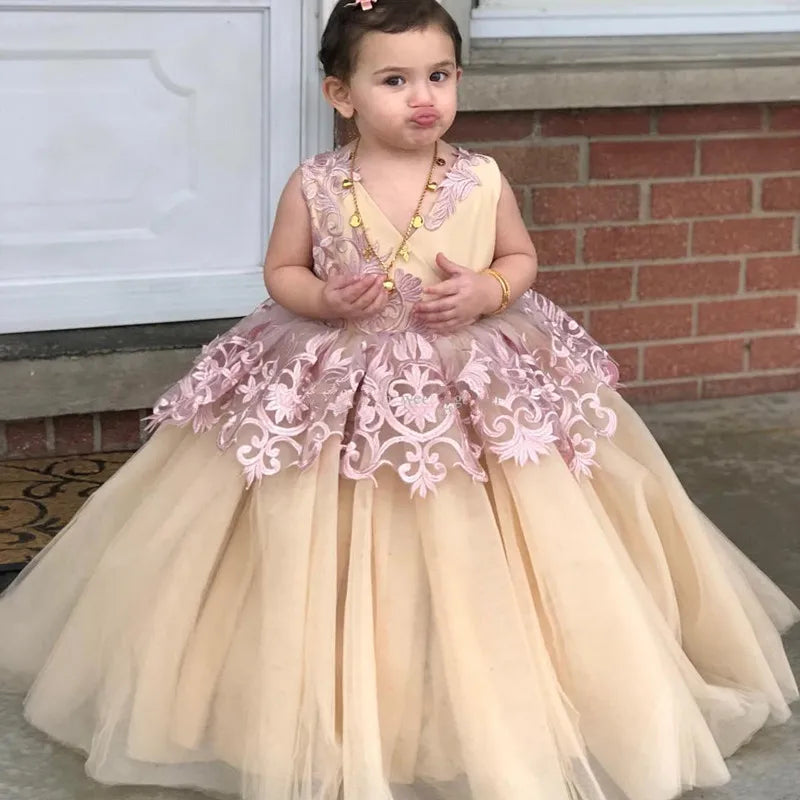 Lace Appliques V-Neck Puffy Tutu Princess Party Dress for Little Girls childrensterritory