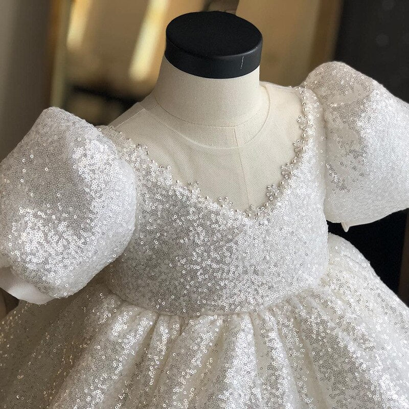 Puffy Sequin White Birdemaids Evening Party Dress for Girls childrensterritory