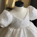 Puffy Sequin White Birdemaids Evening Party Dress for Girls childrensterritory