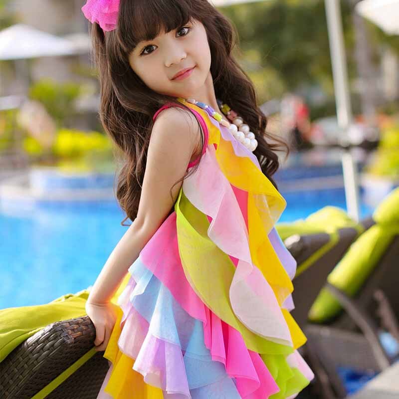 Korean-Style Kids Girls Sling Rainbow Beach Dress childrensterritory