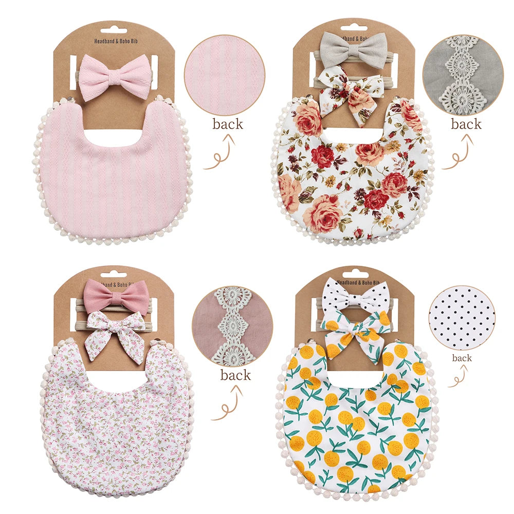 4Sets/Lot Floral Infant Burp Clothes with Bow Tie Headband childrensterritory