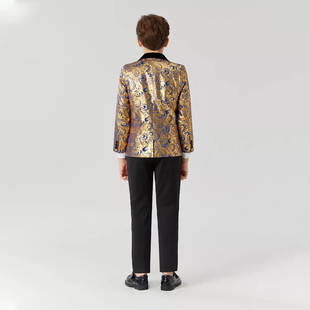 Kids Boy 3PCS Floral Design Blue Gold Communion Suit childrensterritory